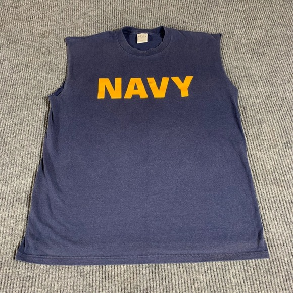 VTG MJ Soffe T Shirt Mens Large Blue Cut Of US Navy Retro 90s Military Spell Out - Picture 1 of 11